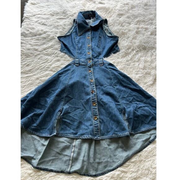 Urban Revivo Denim Cut-Out Mini Dress Blue Button Front US 6 NWT - Picture 2 of 6